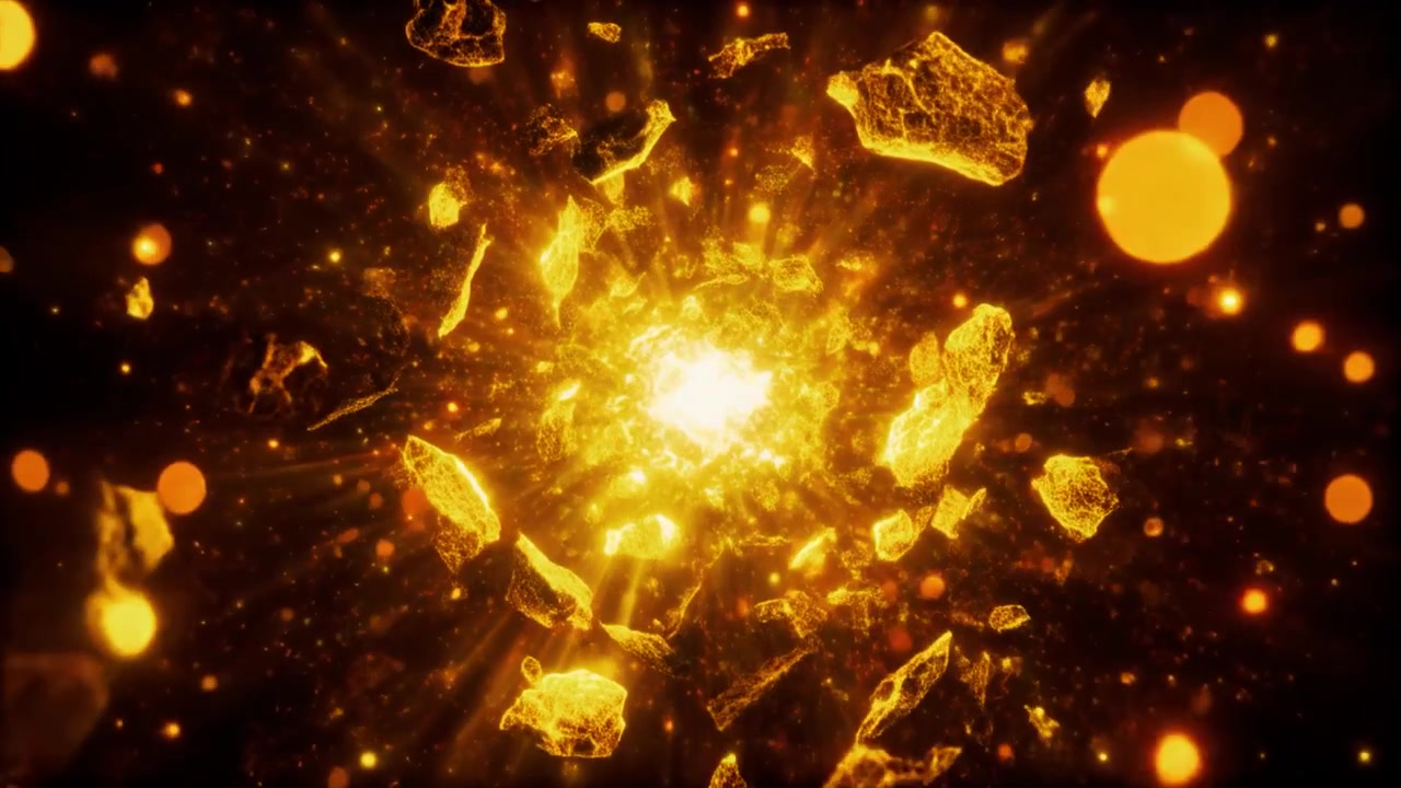 Esplosione dorata astratta con particelle fluttuanti e raggi di luce