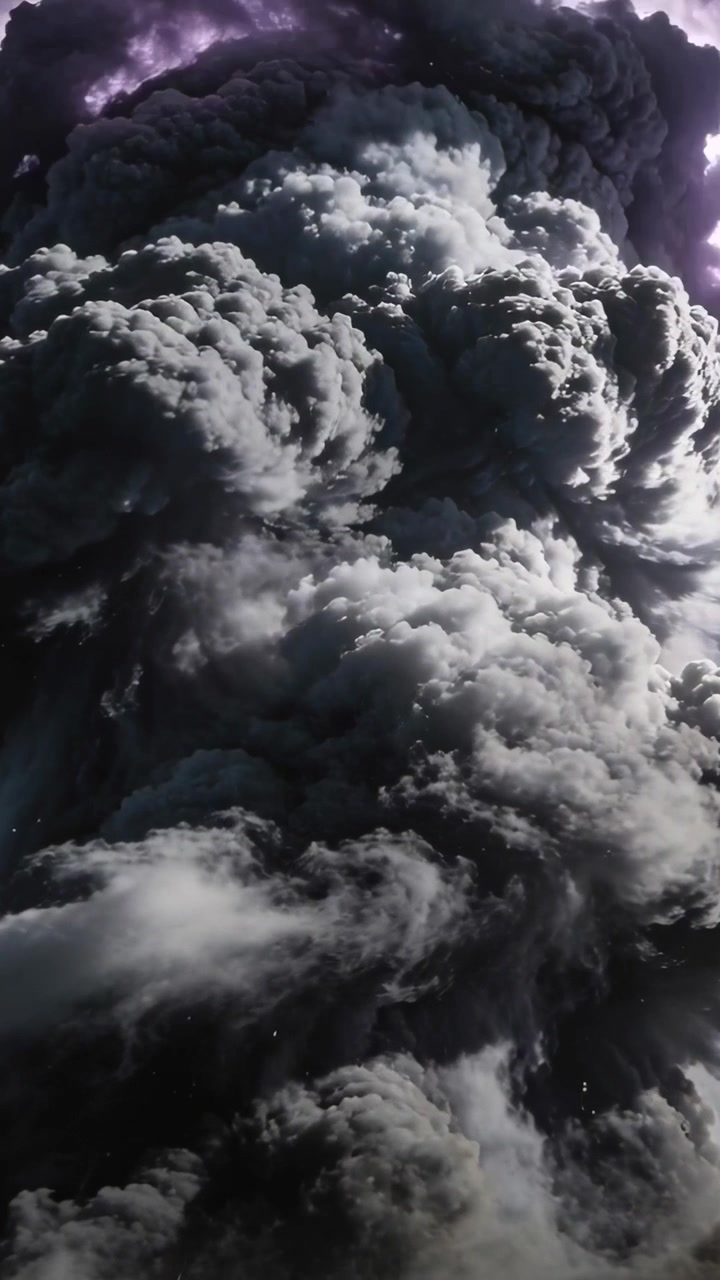 Video verticale: Pennacchio di nuvole scure che si innalza sotto una corrente ascensionale di tempesta, mostrando lobi, filamenti e un bordo viola.