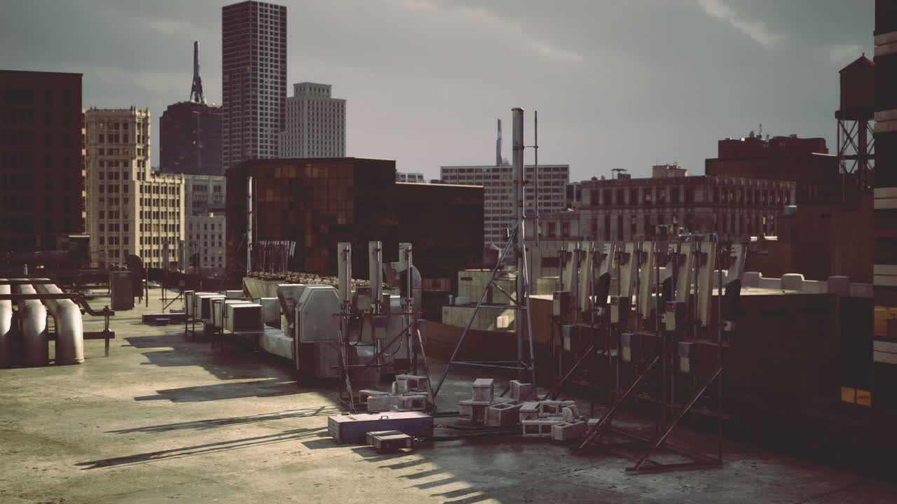 Rooftop view of a city skyline with industrial elements during late afternoon