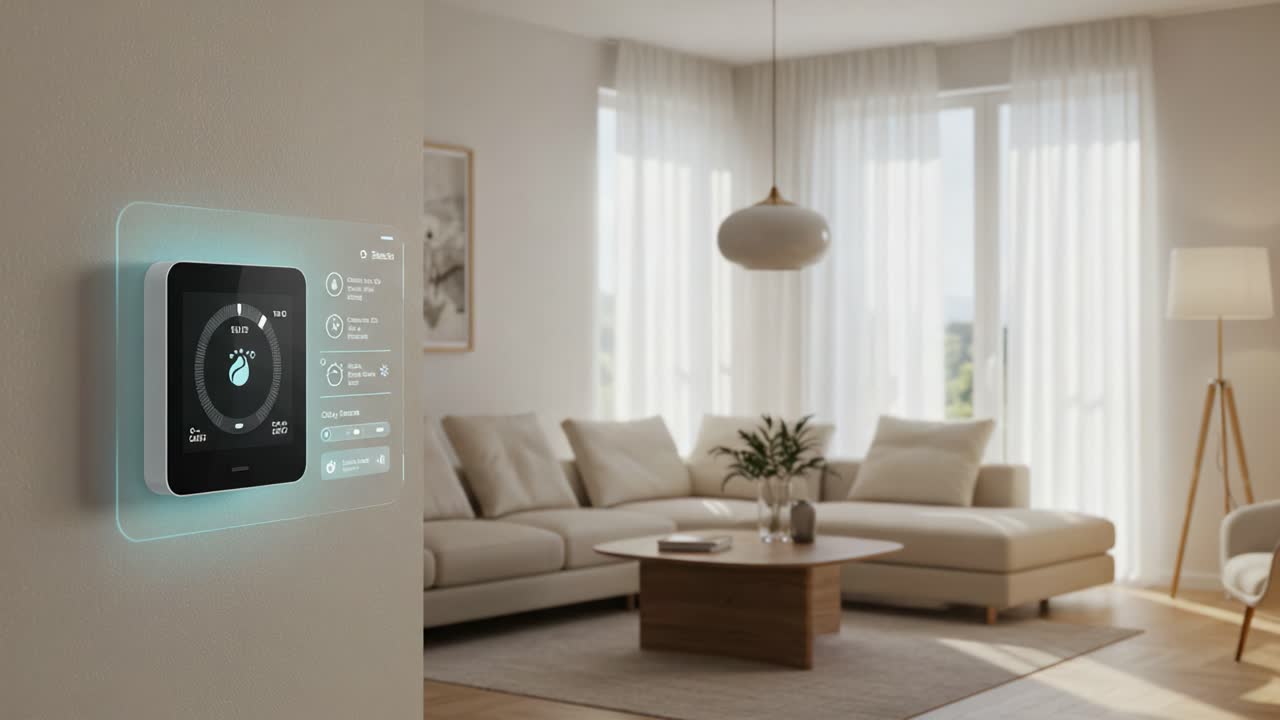 Modern Smart Home Interior Featuring a Sleek Digital Thermostat Interface, Highlighting Contemporary Design and Ambient Comfort in a Bright Living Room Setting