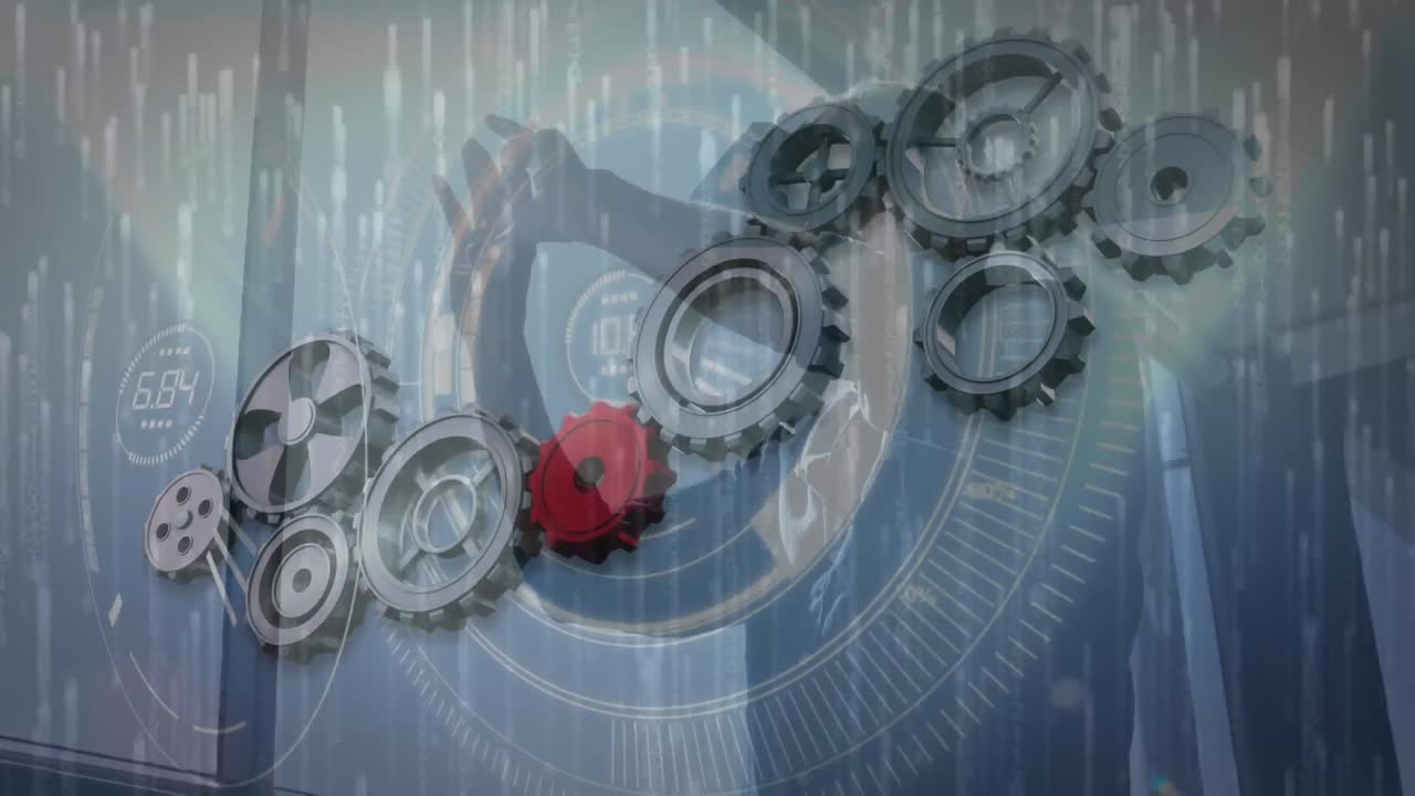 animación de engranajes girando sobre el hombre que lleva auriculares vr