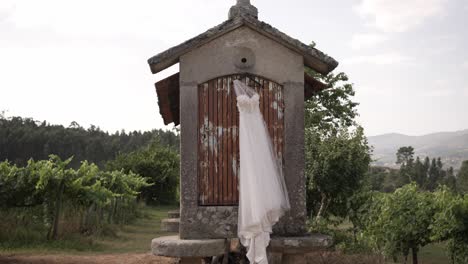 beautiful white wedding dress hangs from a rustic stone structure in a picturesque outdoor vineyard setting