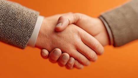 Two business partners shaking hands in a firm gesture of agreement, finalizing a successful deal on an orange background. Professional greeting showing respect, trust, and successful teamwork
