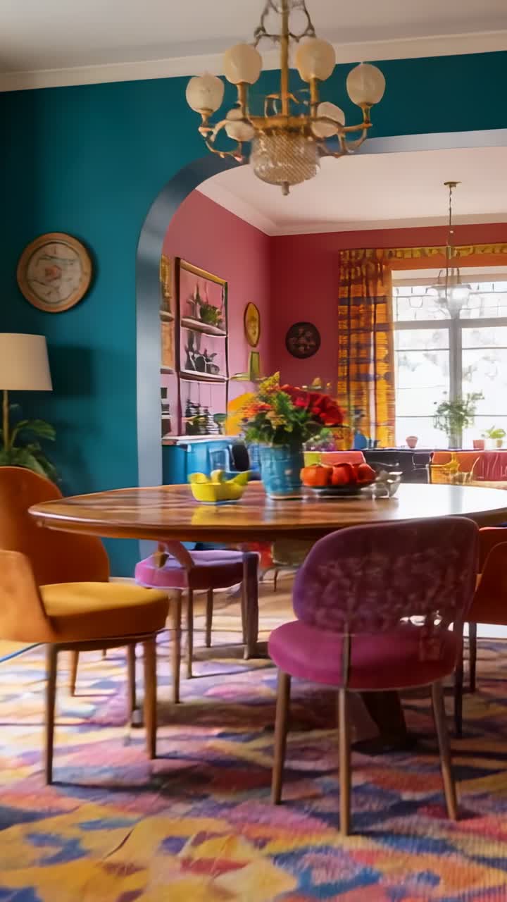 Video vertical: Cámara realizando un paneo a través de la sala de estar hacia el rincón del comedor, mostrando una mesa redonda de madera.
