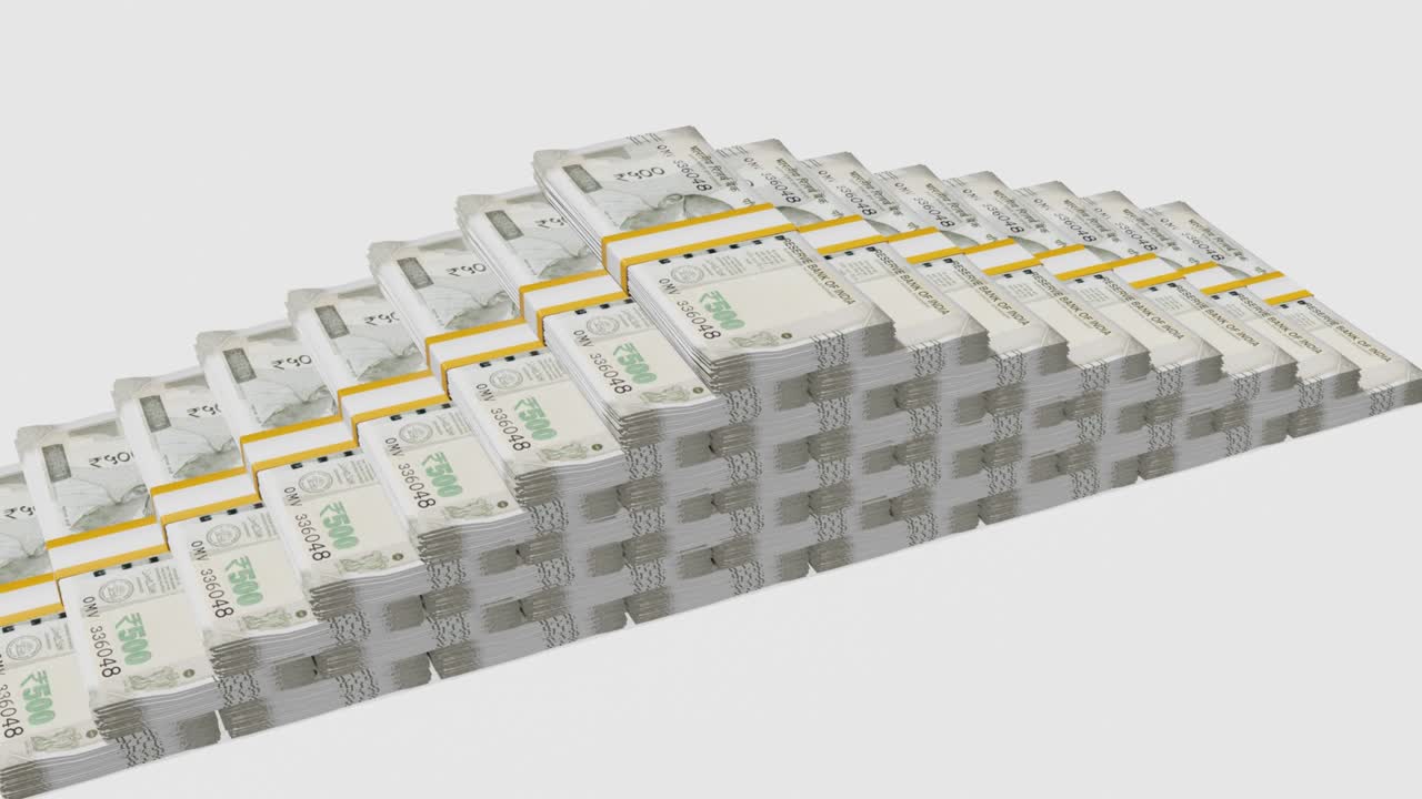 Many wads of money. 500 Indian Rupees banknotes. Stacks of money.