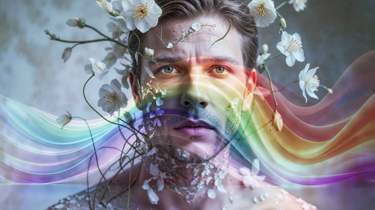Ethereal Portrait of a Man with Flowers and Rainbow Overlay