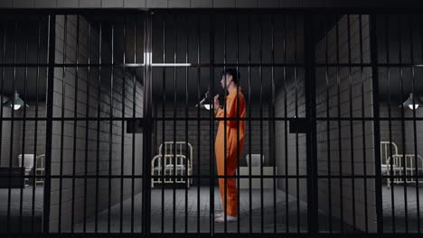 full body side view of of asian male prisoner in handcuffs standing in prison, pointing fingers at himself and shaking his head in anger doubting about something