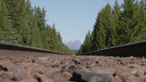 Static shot on ground of railway with nature background in Banff National Park