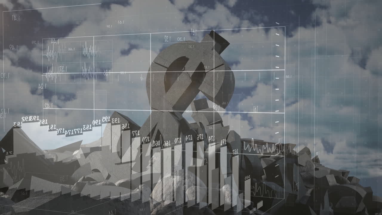 Animation of Euro symbol and financial graphs in cloudy sky over rocky landscape