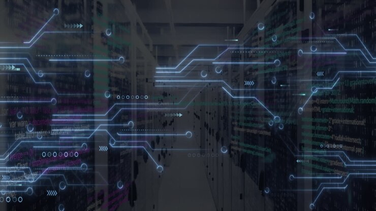 Animation of circuit board and digital data processing over computer servers