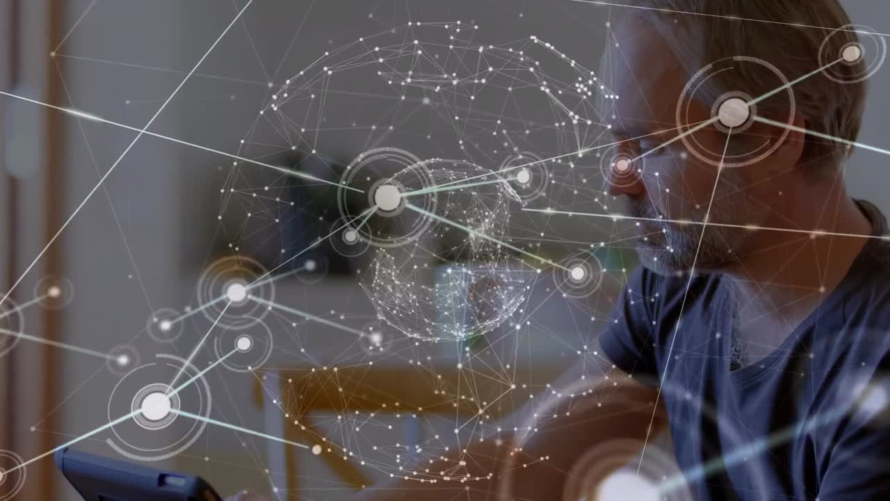 Animation of network of connections and globe over caucasian man