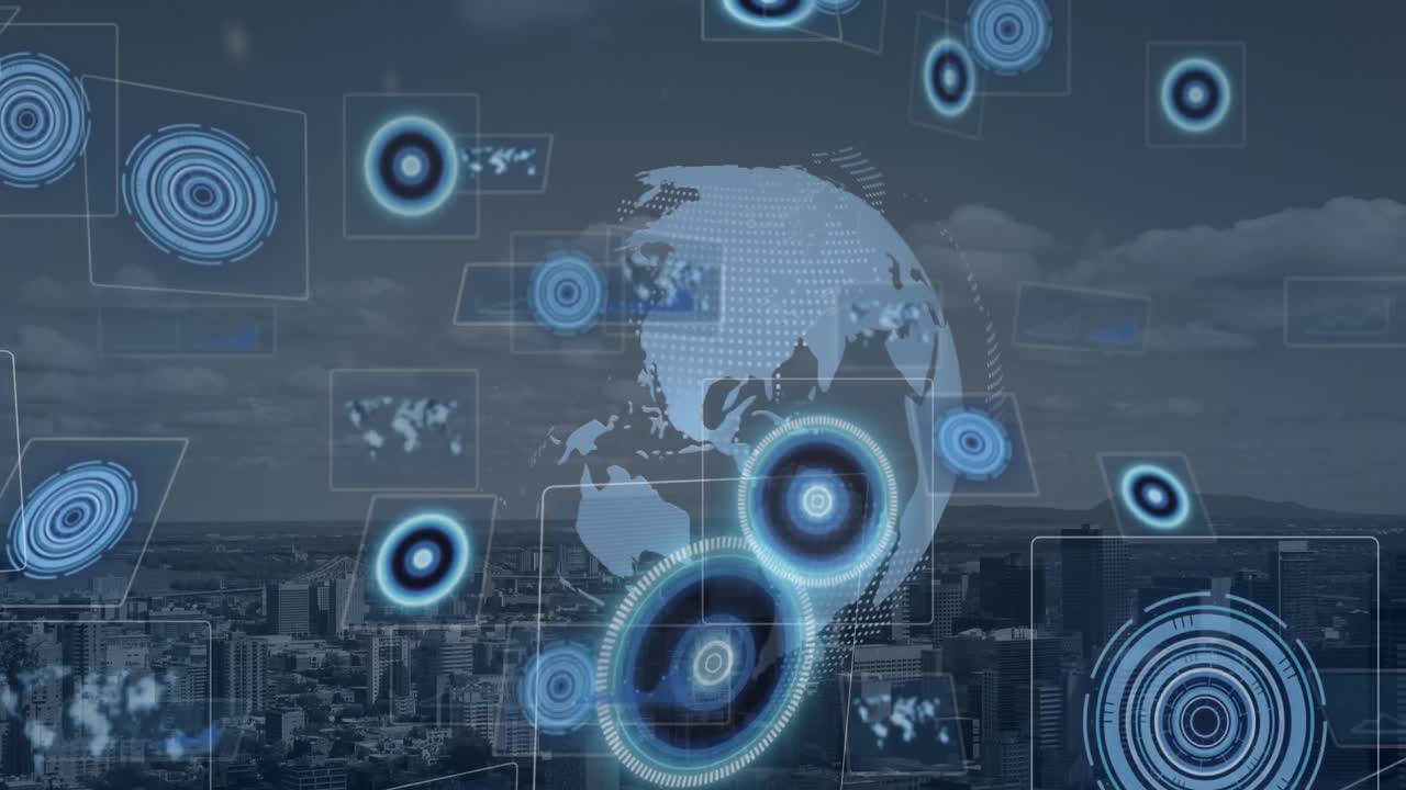 Composizione di scanner su schermi, su globo e paesaggio urbano