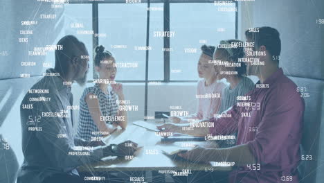 animation of business icons over diverse business people in office