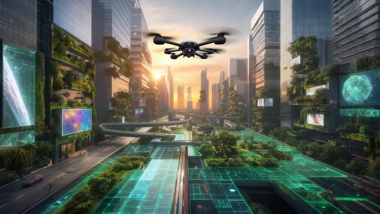 드론을 가진 미래의 생태 도시