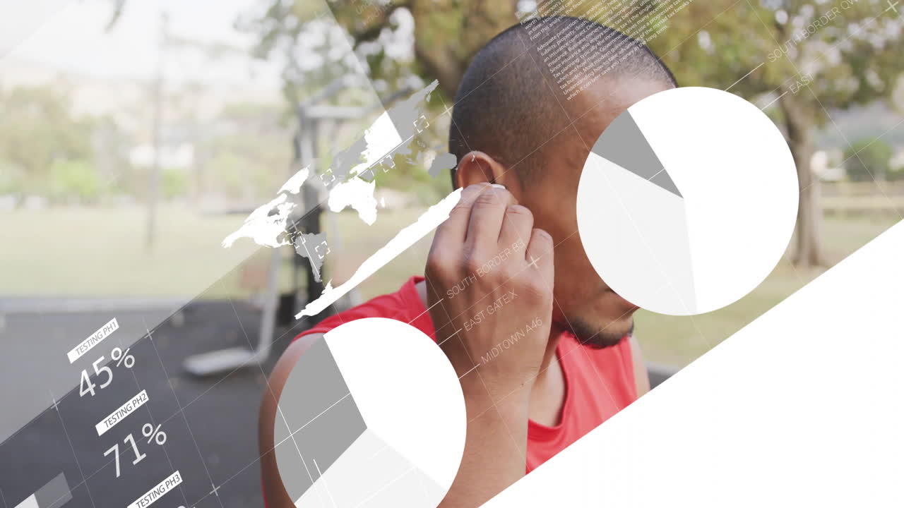 Mid-adult man adjusting wireless earbud in outdoor fitness tech, overlaying world map and pie chart