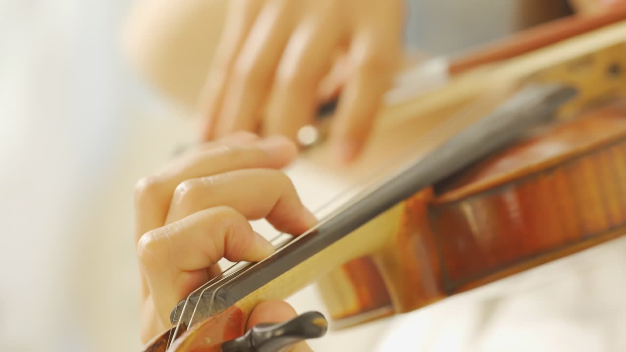 Young talented woman playing the violin classic old style, violinist rehearsing her part before performance. Lady student with fiddle in light room by window, serene performance, classical music