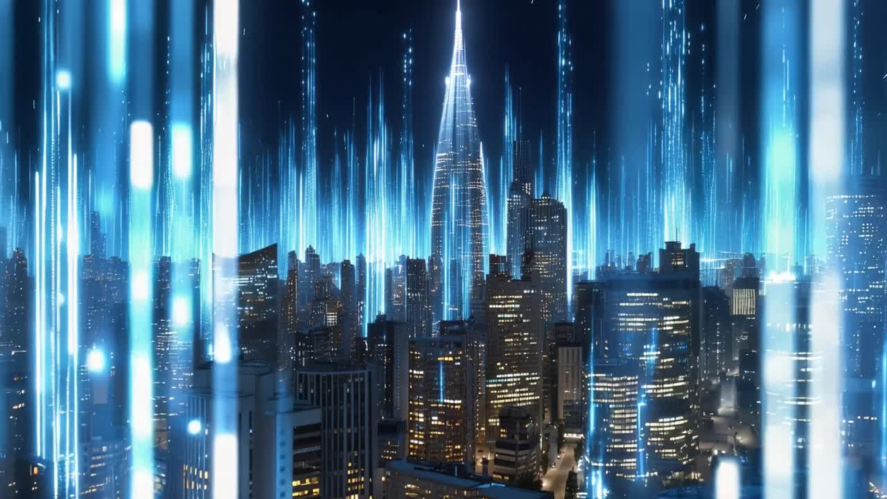 A Futuristic Cityscape at Night with Glowing Rays of Light and a Stunning Skyline, Showcasing Advanced Technology and Vibrant Urban Life in an Electric Atmosphere