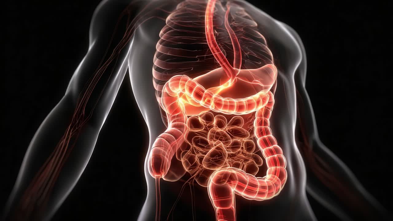 Detailed Visualization of the Human Digestive System Showcasing the Esophagus, Stomach, and Intestines in a Luminous, Anatomical Representation
