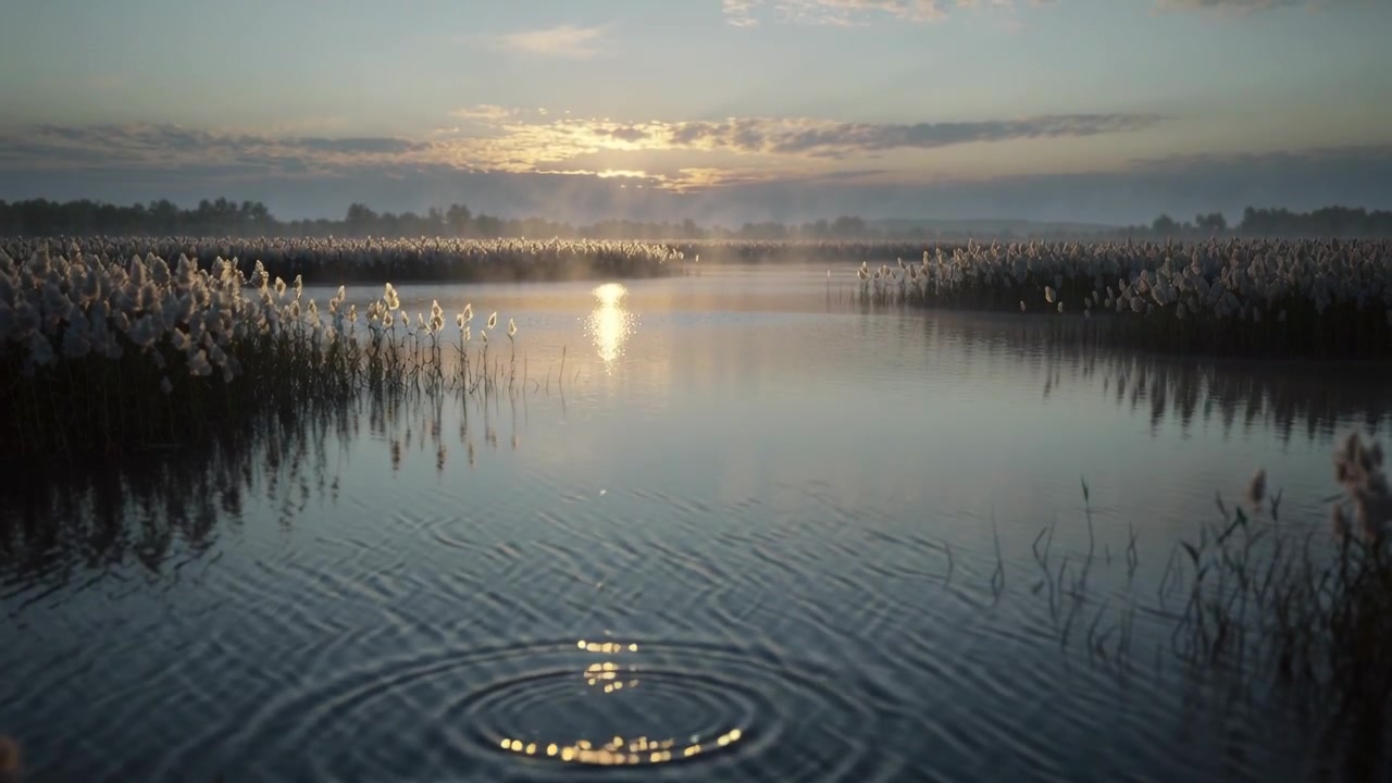 Pulling back camera revealing reed-fringed water with sun reflection, concentric ripples expanding
