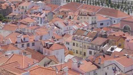 a zoomed in panning shot of lisbon's rooftops in alfama district