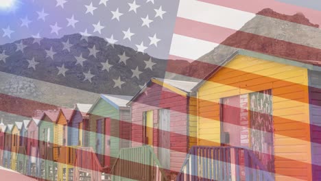 animation of american flag over seaside huts