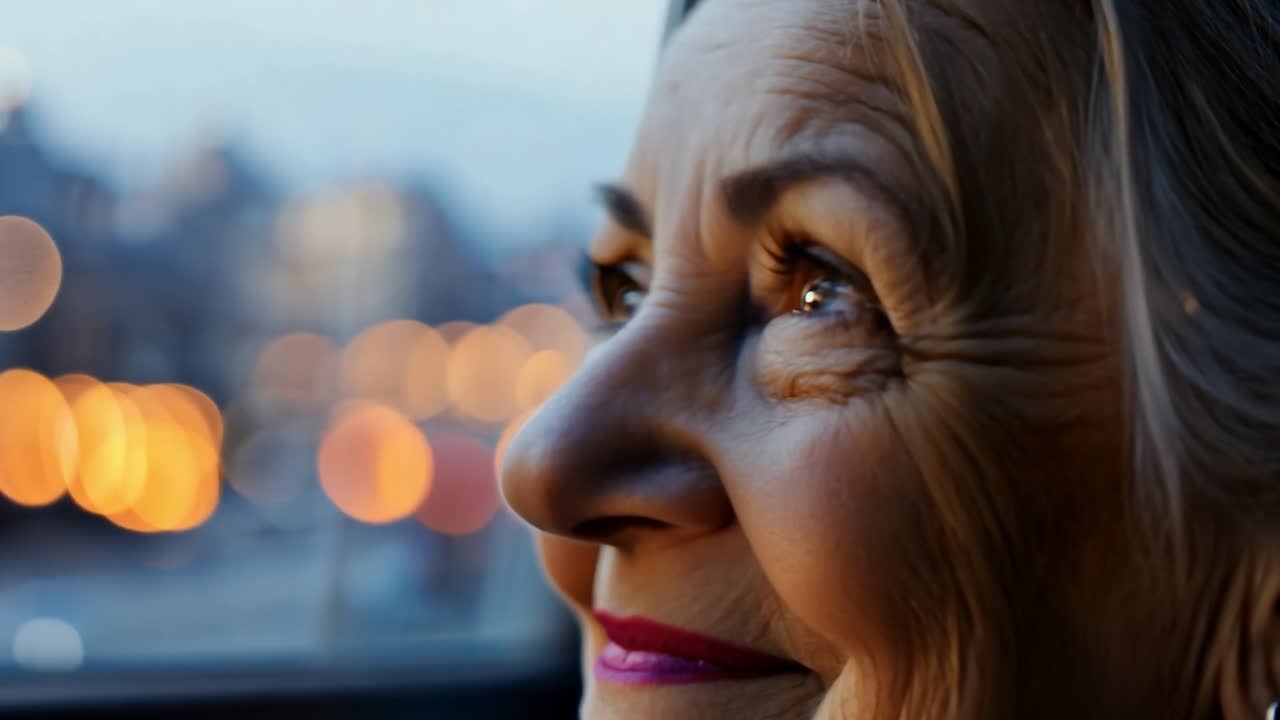 retrato de cerca de una mujer mayor sonriente mirando por la ventana a una ciudad por la noche.
