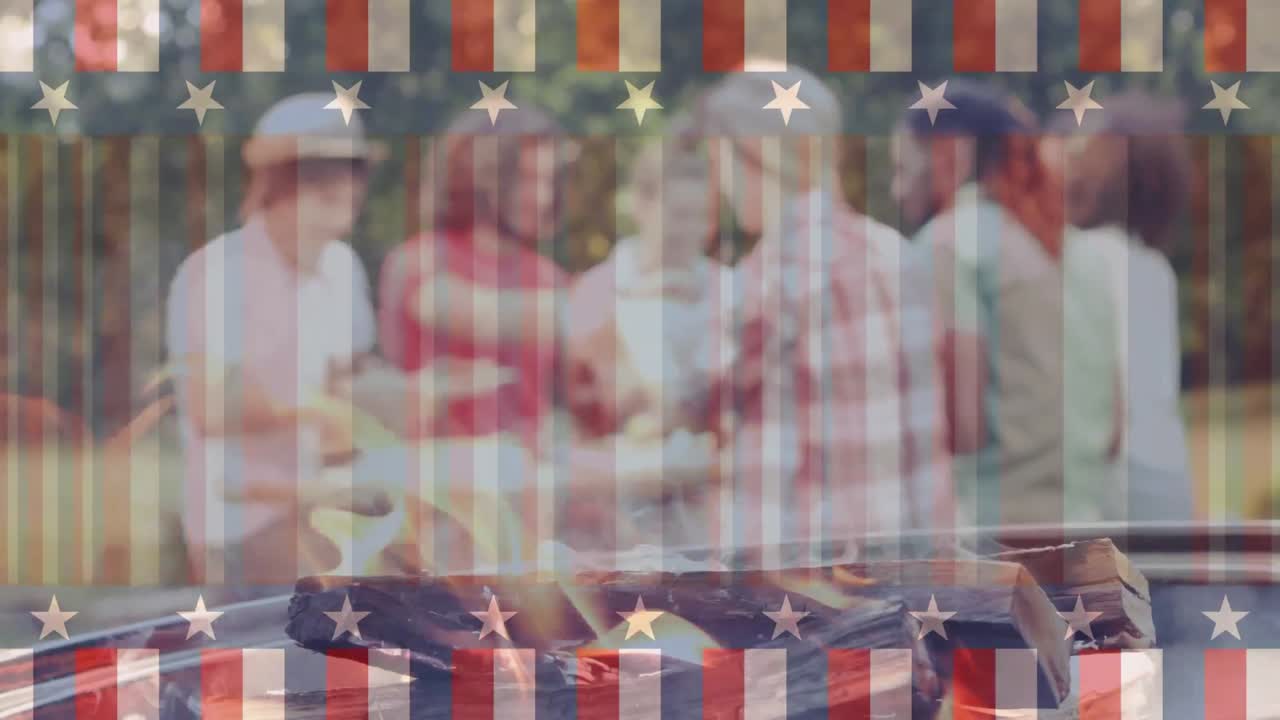 빨간색,  ⁇ 색, 파란색 줄무 ⁇ 의 애니메이션이 열려서 바베큐를 만드는 사람들의 그룹을 보여줍니다.