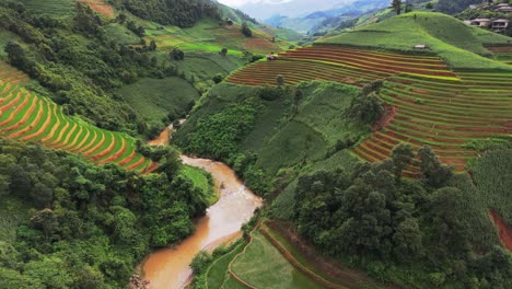 lush green rice terraces and winding river in a mountain valley