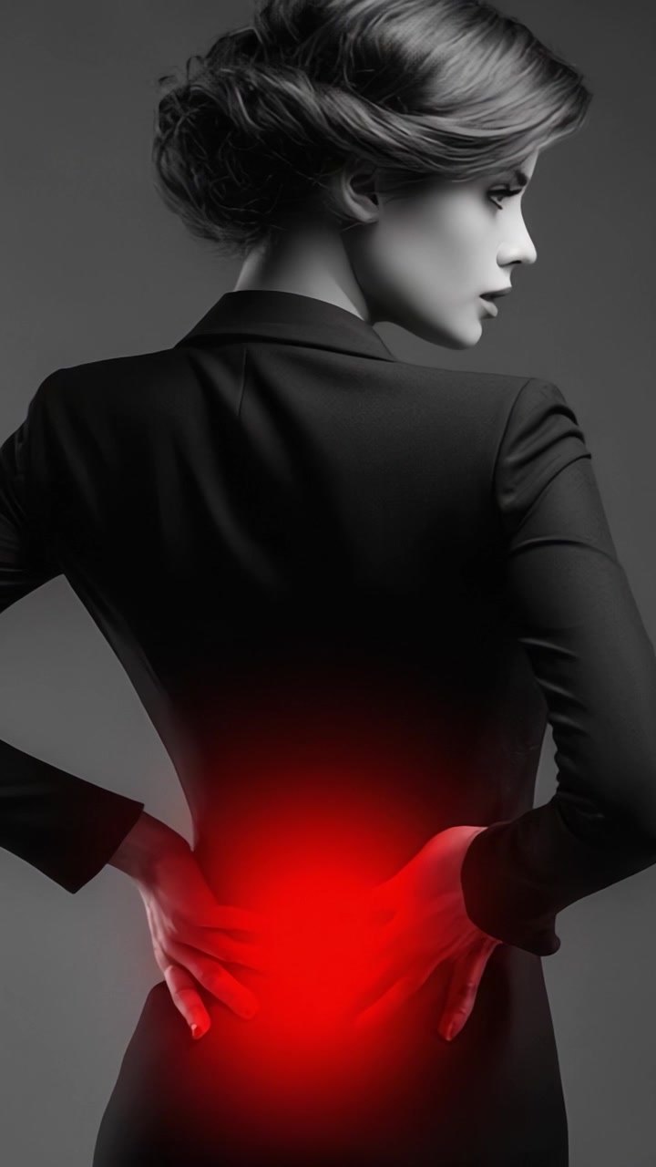 A Striking Contrast of Light and Shadow: A Woman With an Elegant Silhouette Grasping Her Lower Back in Artistic Black and White Imagery Enhanced by a Vibrant Red Glow