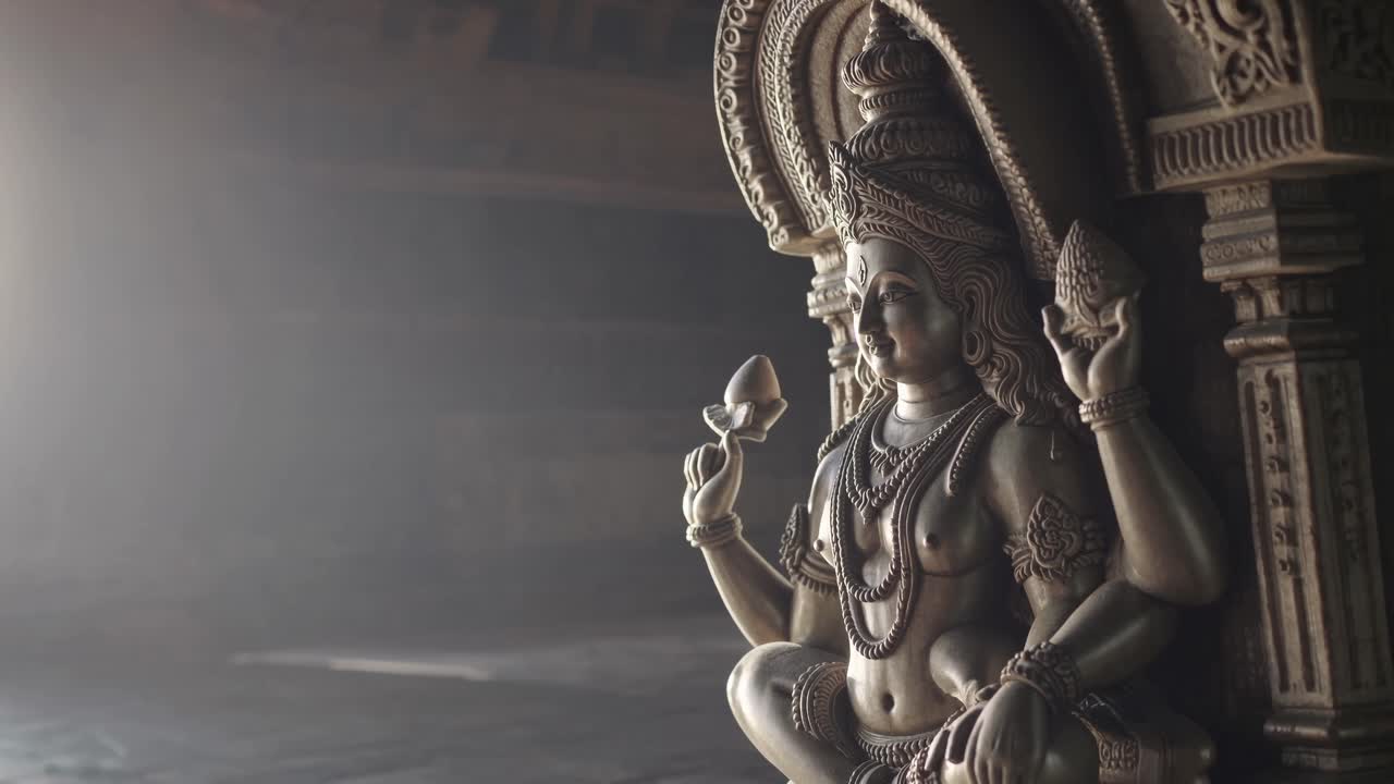 Low-angle shot of an intricately carved statue in soft lighting, capturing the serene ambiance