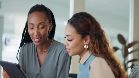 tablet, business women and team talking