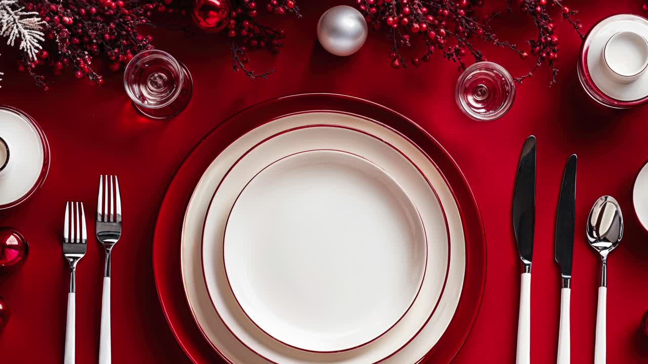 Christmas Table Setting with Red Tablecloth and Silverware