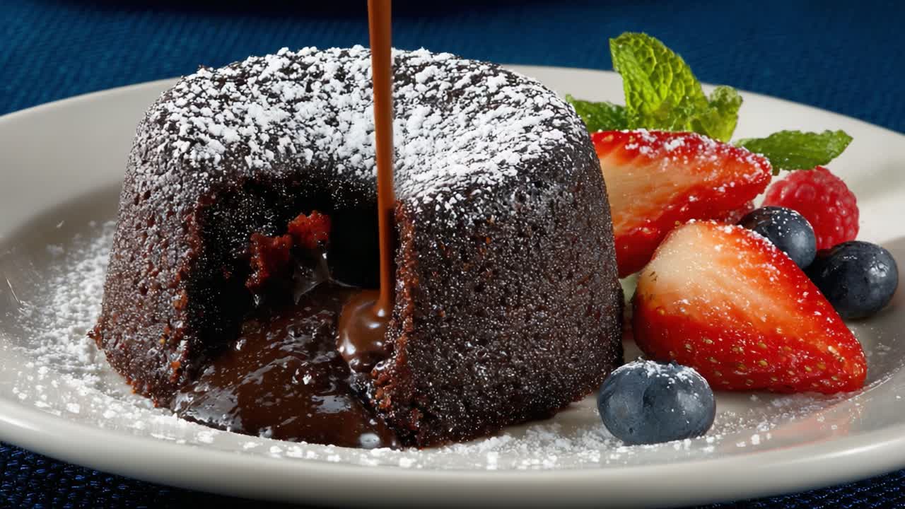 Decadent Chocolate Lava Cake with Fresh Berries and Mint Garnish Served on a Plate, Perfect for Dessert Lovers Seeking Indulgence and Flavor