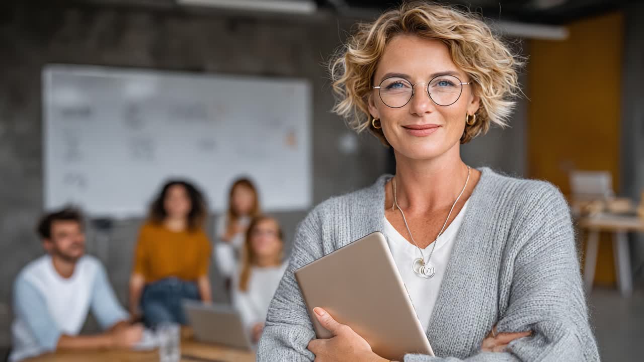 Confident Professional Woman in Modern Office Setting: A Vision of Leadership and Collaboration in a Creative Workspace with Engaged Team Members