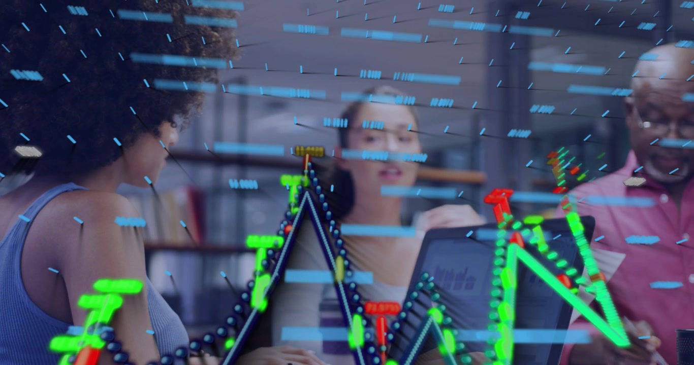 Diverse Business Team Collaborating with Digital Data Overlay