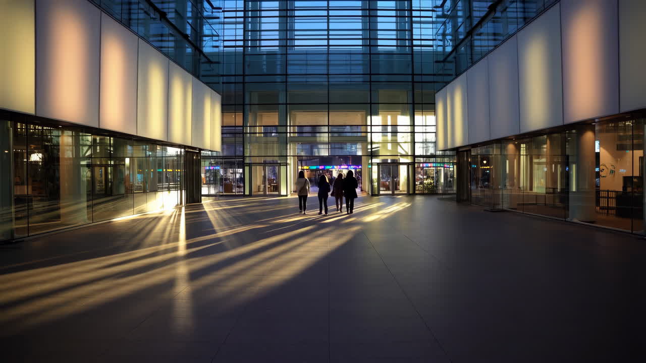 People Walking in a Modern Glass Building Lobby with Long Shadows