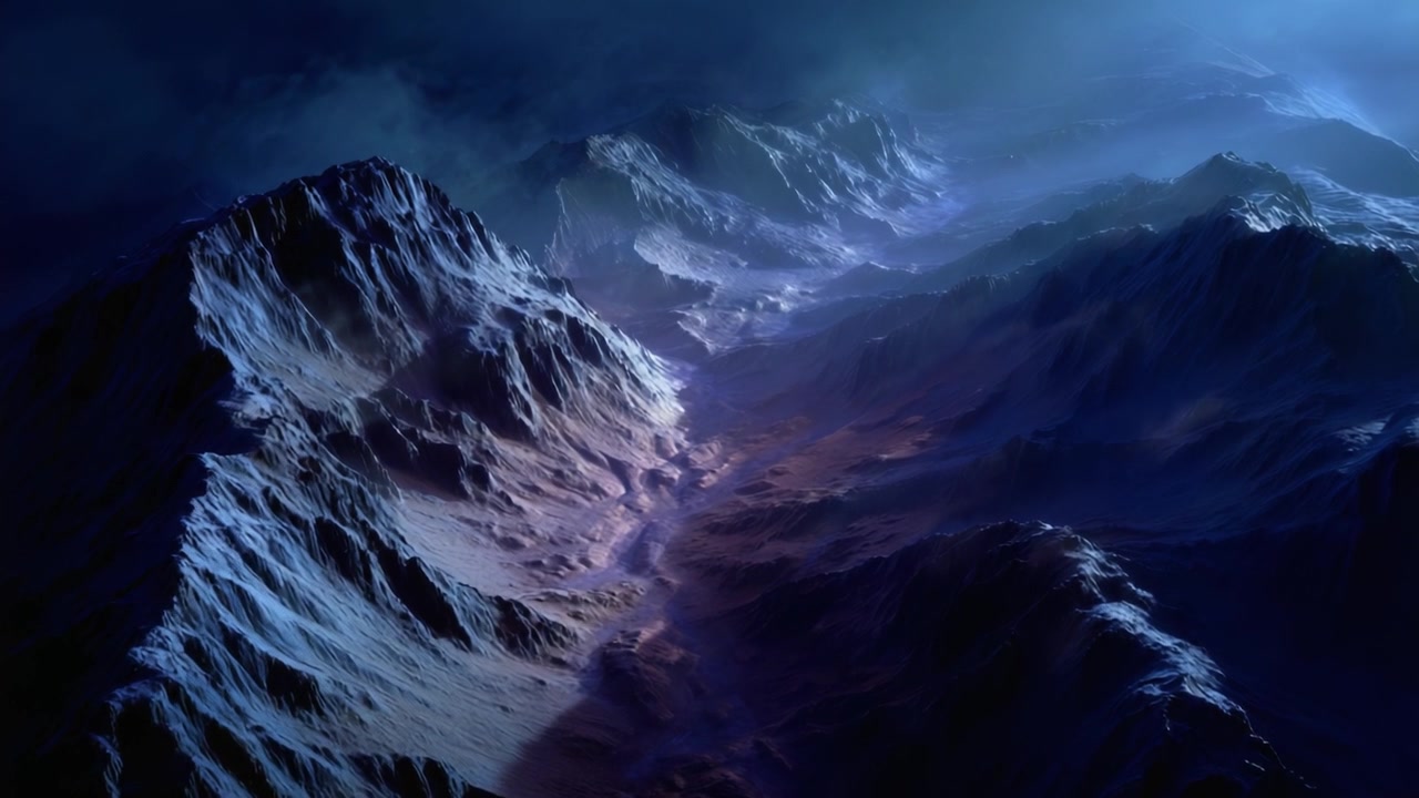 Vista Aérea de Majestosas Cordilheiras Sob Iluminação Dramática com Tons Azuis Místicos e Sombras Profundas Criando uma Paisagem Atmosférica Deslumbrante.