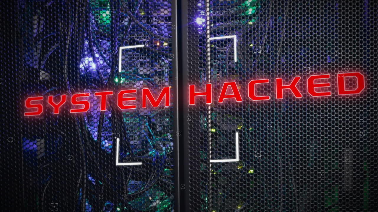 animación de texto hackeado del sistema y procesamiento de datos digitales a través de servidores informáticos