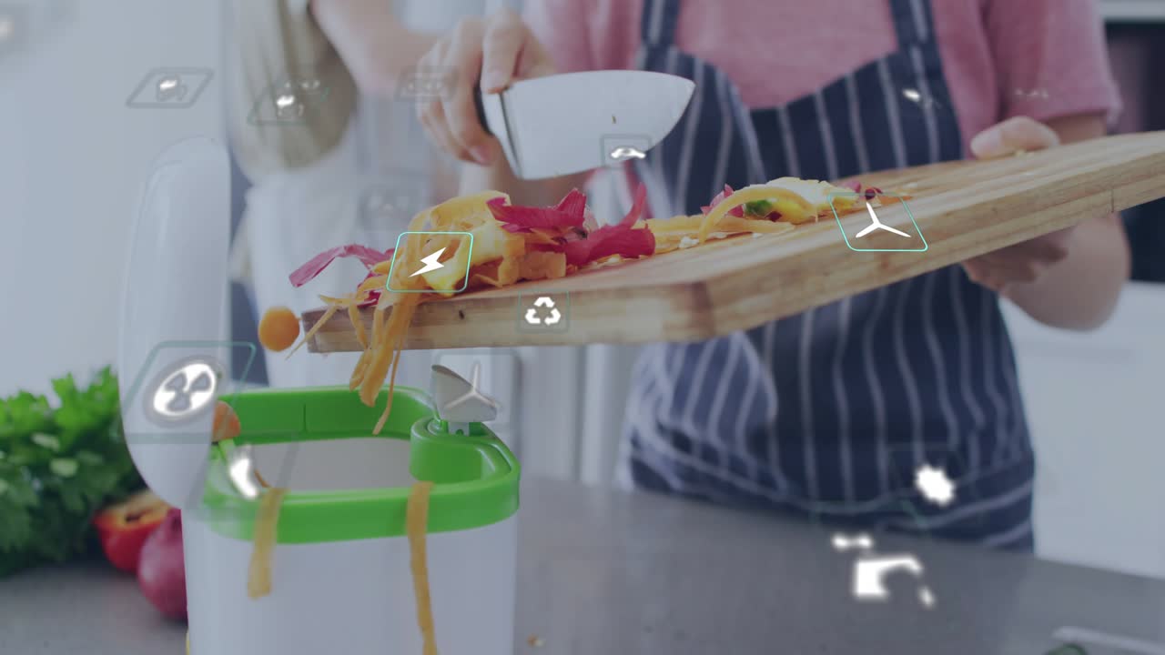 Woman tilting board and scraping veg peels into compost, overlays showing eco stats