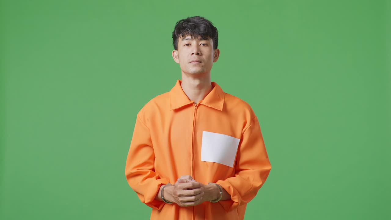 오렌지색 스웨터와 수갑을 입은 남자