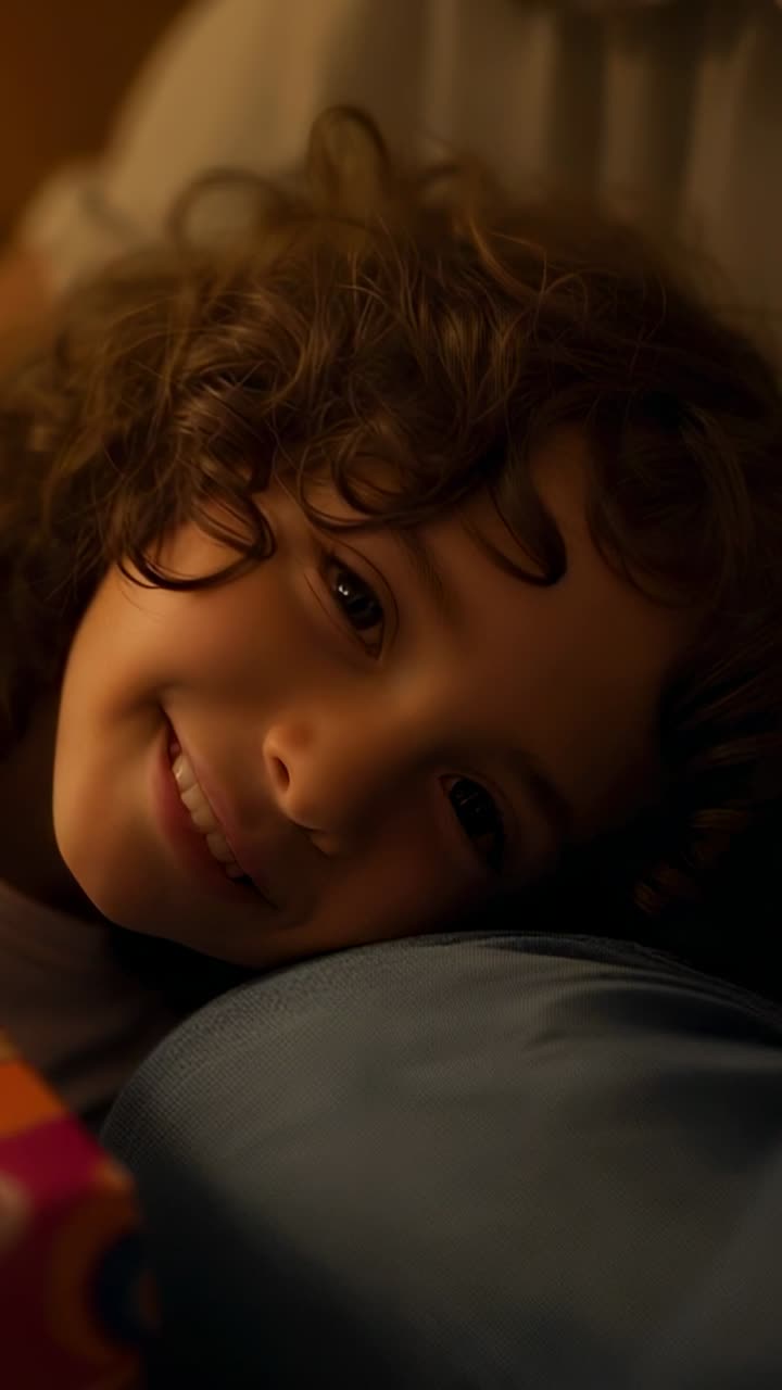 Vertical video: Smiling curly boy reacting to camera, tilting head on bed in tee, blue pillow, toy