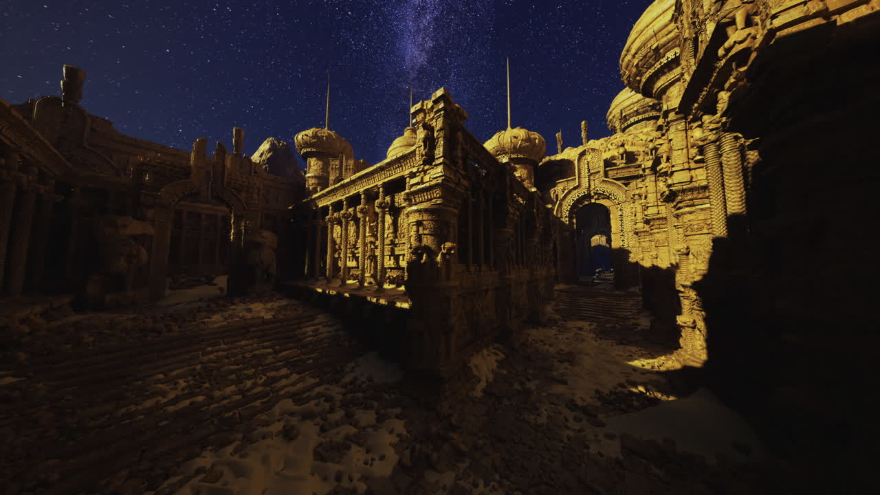 Ancient ruins illuminated by starlight in a remote desert location
