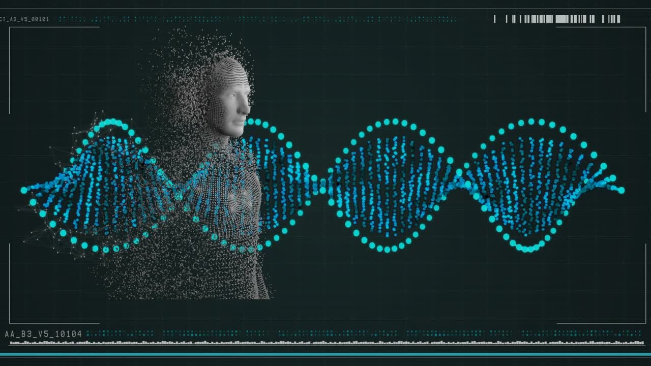 Animation of dna strand and data processing with human body formed with exploding particles