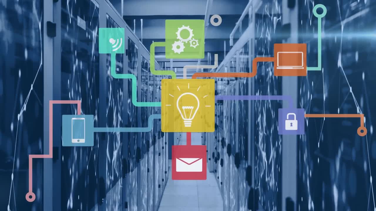 Animation of network of connections with icons over computer servers