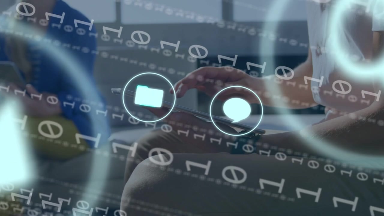 Binary stream starting, glowing icons sliding while right user tapping tablet, showing app flow