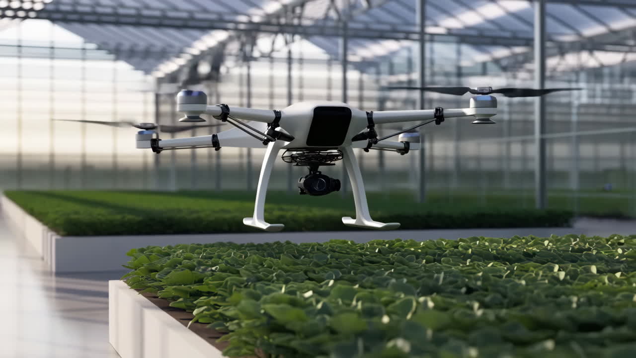 Drone monitoring plants in a modern greenhouse