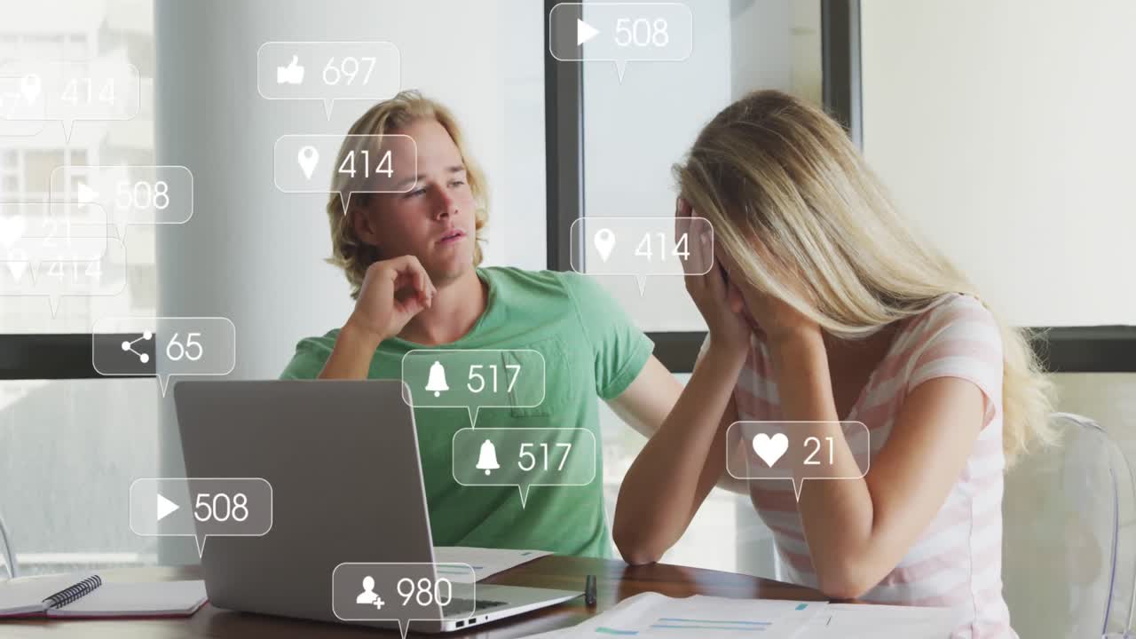 Multiple digital icons with increasing numbers over stressed caucasian couple calculating finances