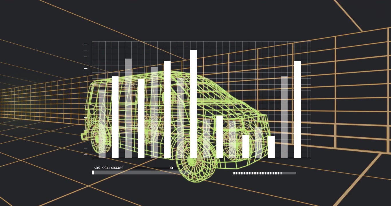 Progress slider moving, bar chart updating around wireframe van in grid tunnel for tech demo