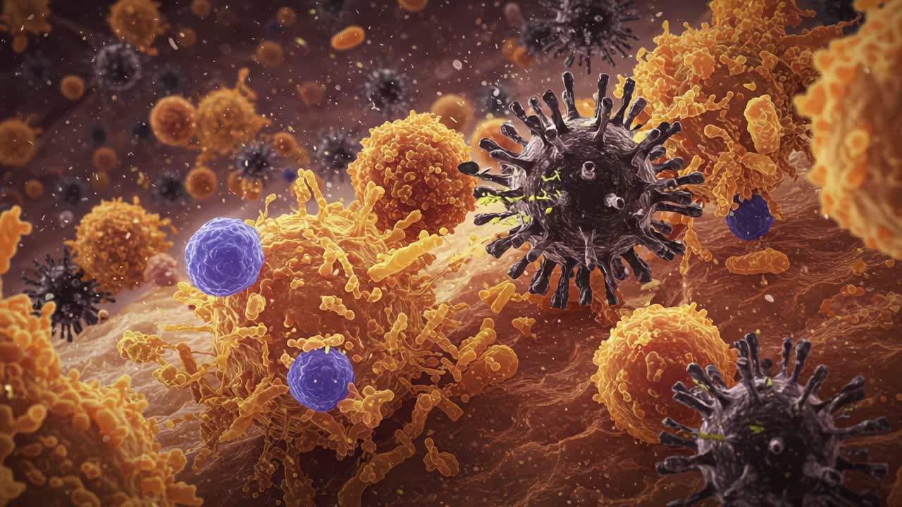 Detailed Microscope Visualization of Interactions Between Viruses and Immune Cells, Showcasing a Complex Microenvironment with Pathogens and Defense Mechanisms