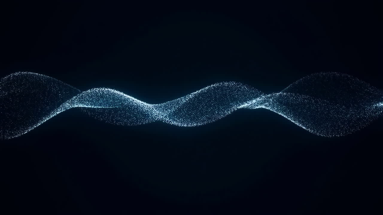 Particle Wave Streaming Across Dark Field, Millions Of Tiny Light Dots Form Undulating Ribbon In Cold Blue